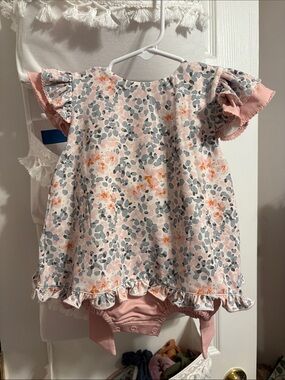 Pink Floral Ruffle Diaper Cover Dress with Matching Bloomers